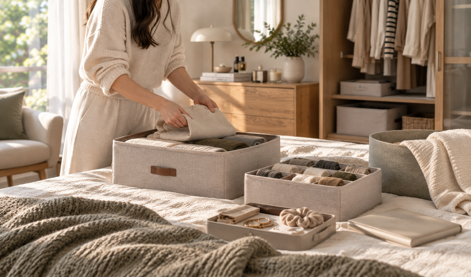 Woman organizing clothing in a calm everyday bedroom